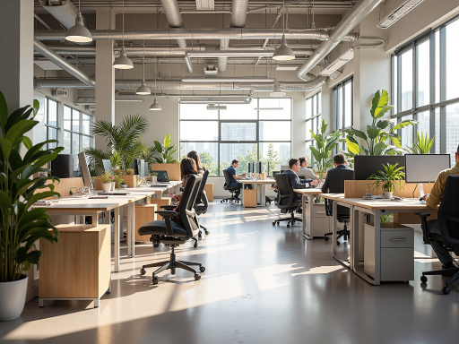 现代化开放式办公区域，多个工位排列整齐，明亮自然光线